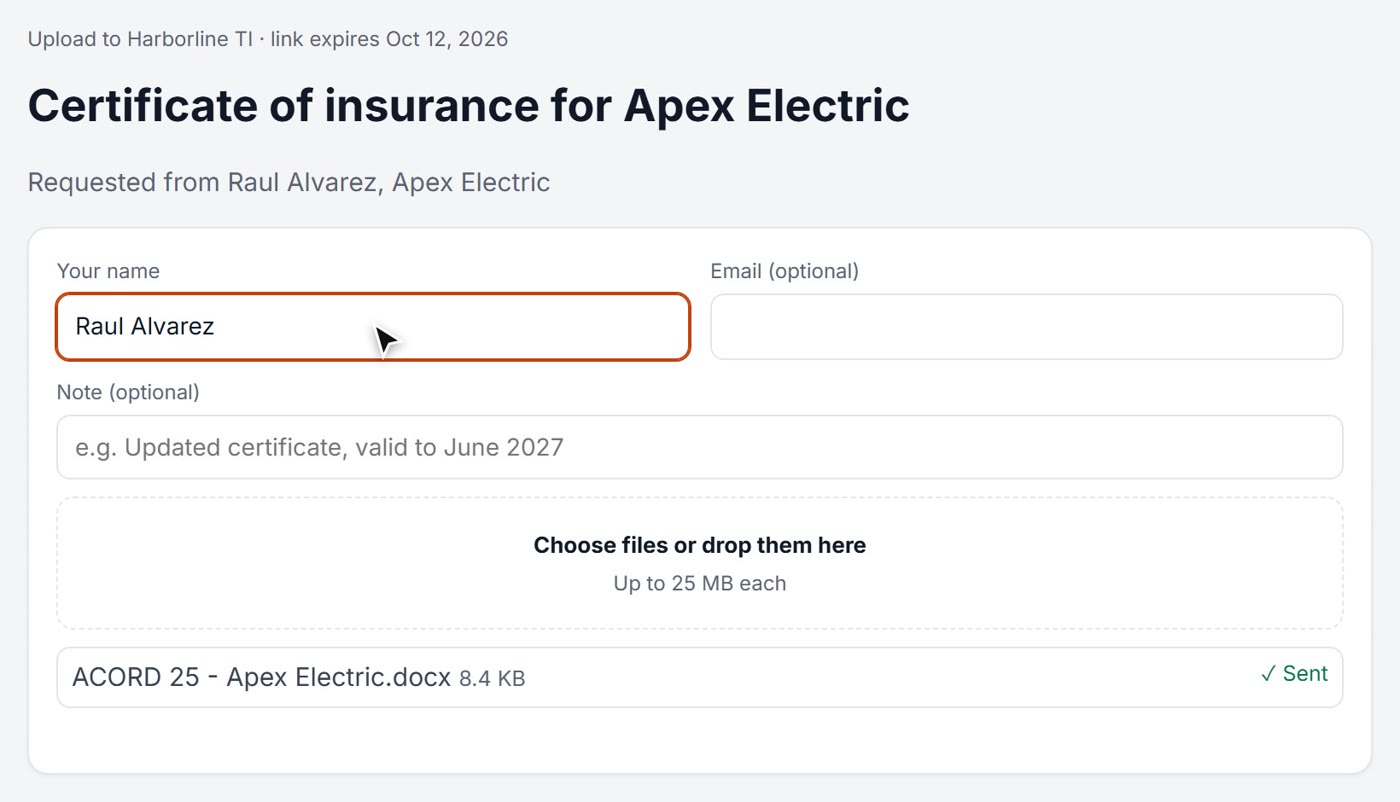 A subcontractor uploading a certificate of insurance through a link, without an account